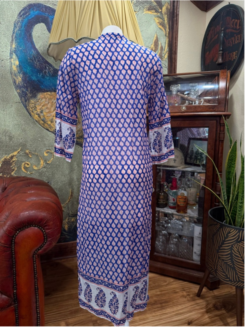 J. Crew Blue Paisley Cotton Caftan Maxi Dress Tassel Tie Boho Coastal XXXS - Picture 6 of 13